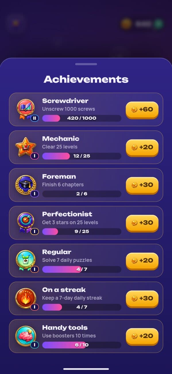 Unscrew: achievements with tiers and coin rewards
