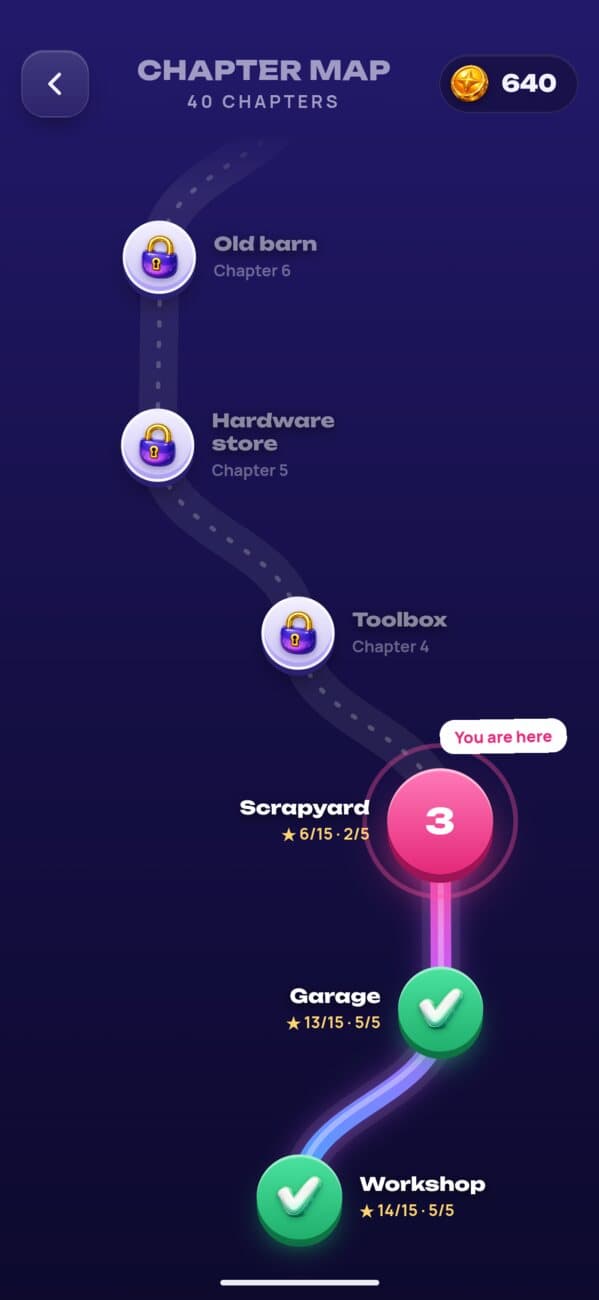 Unscrew: the chapter map with levels and stars