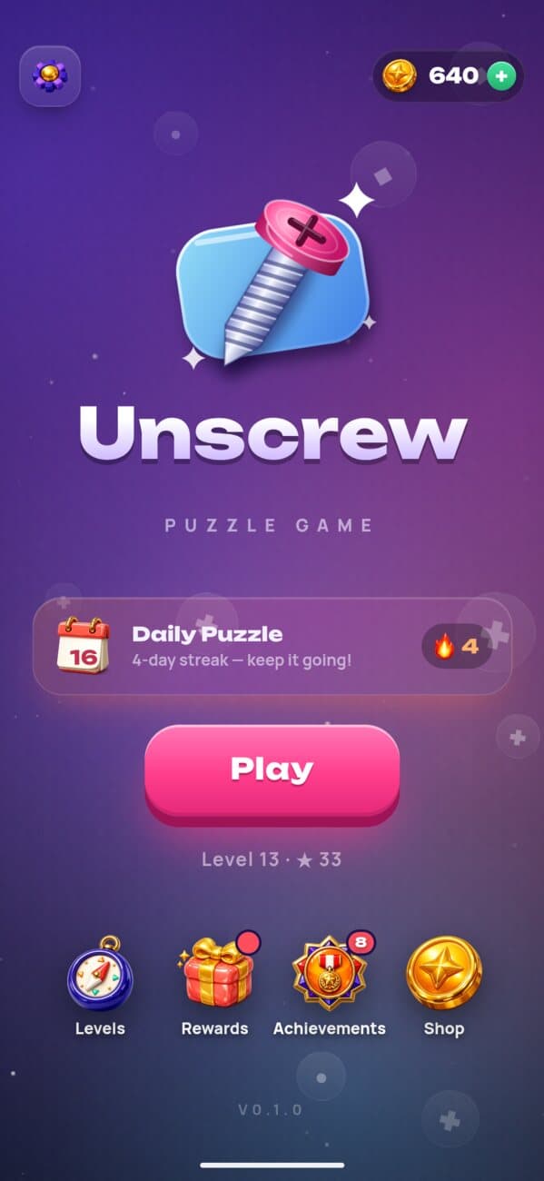 Unscrew: the main menu with the daily puzzle and the winning streak