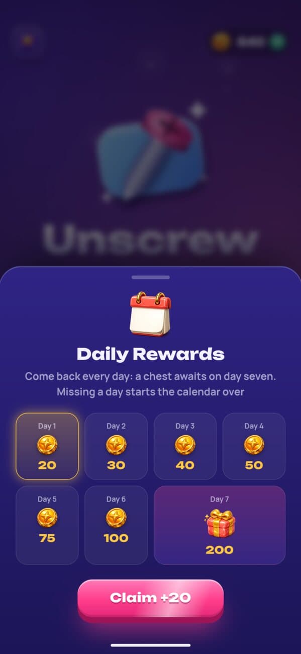 Unscrew: daily rewards and the chest on day seven